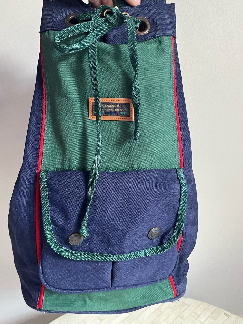 Alexander Julian Canvas Bucket Top Drawstring Backpack Green Blue Colorblock